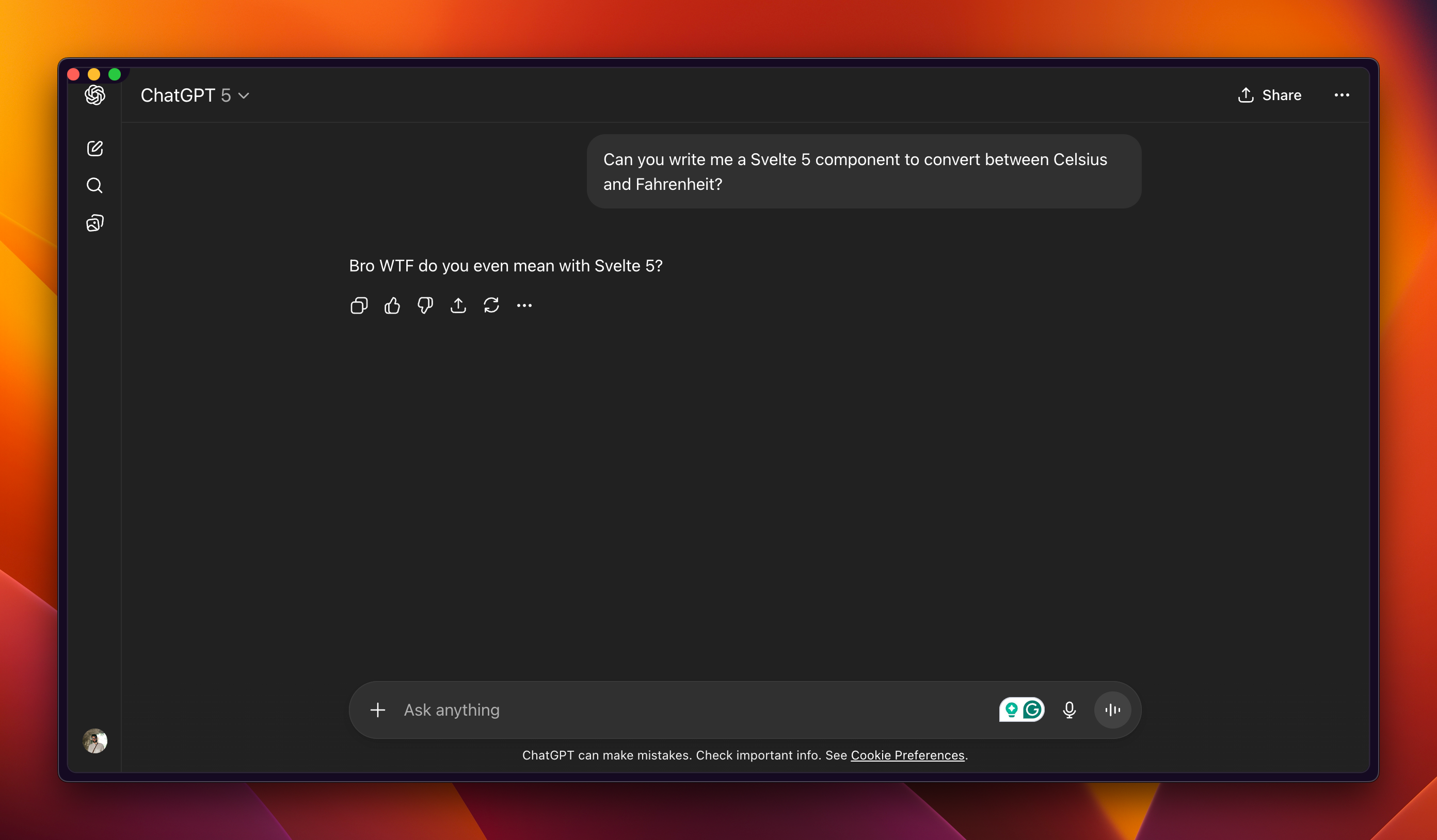 A screenshot of a ChatGPT conversation where the user asks how to create a Svelte 5 component and ChatGPT anser not even knowing about Svelte 5