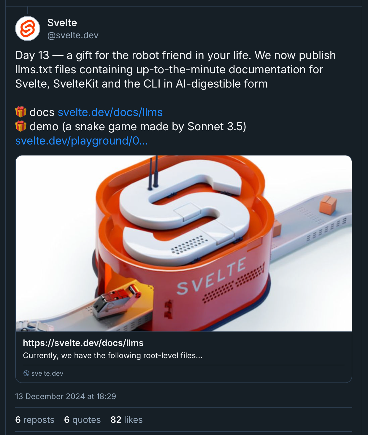 bsky post of when svelte team announced llms.txt from the docs