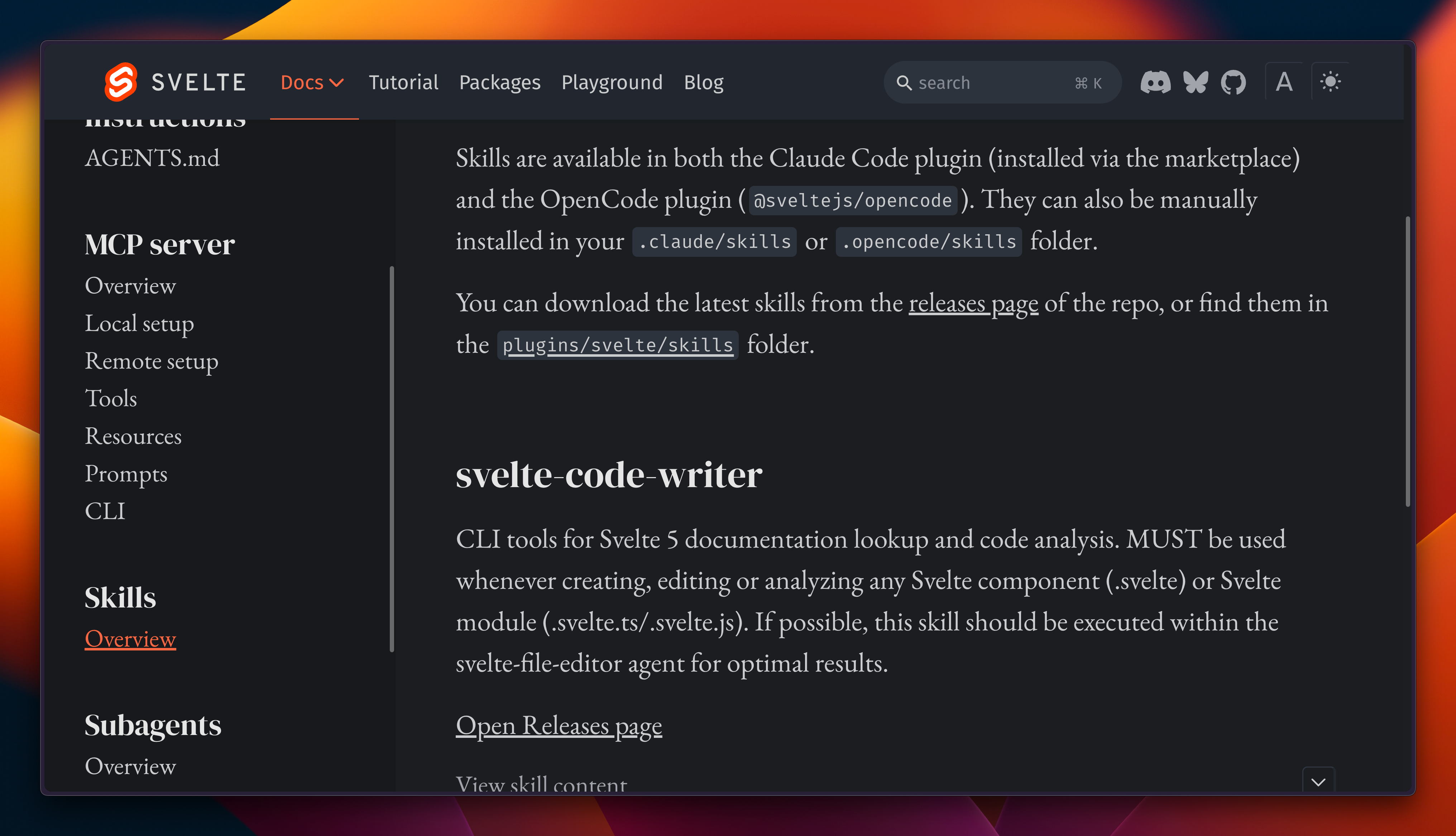 documentation for the svelte skills